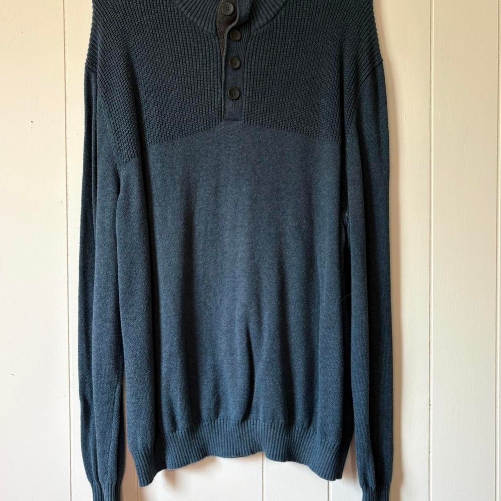 Club Room Men's XL Quarter Button Mock Neck Knit Sweater Blue Gray Pullover